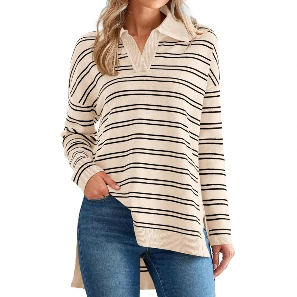 Women’s Fashion Oversized Striped Sweater Long Sleeve Polo V Neck. Size M